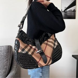 Authentic Vintage Burberry Large Canvas Shoulder Bag w Patent Leather